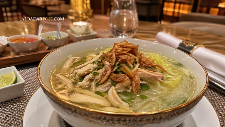 Soto ayam kampung kuah bening gurih dengan suwiran ayam, bihun, kol, dan bawang goreng dalam mangkuk hangat