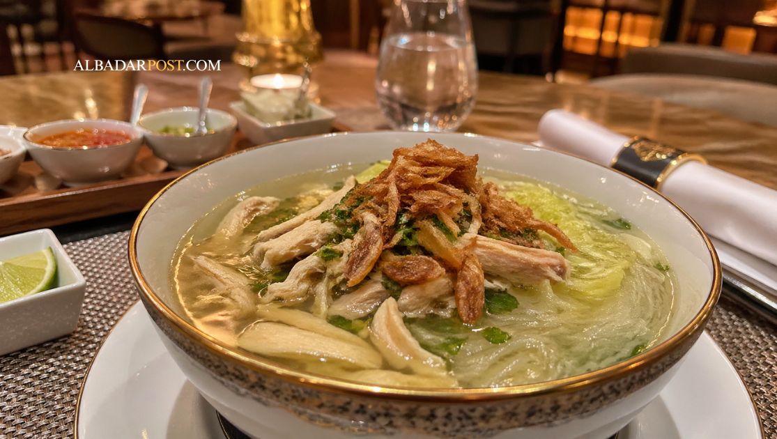 Soto ayam kampung kuah bening gurih dengan suwiran ayam, bihun, kol, dan bawang goreng dalam mangkuk hangat