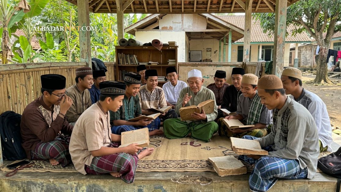 Suasana tradisi pesantren di Indonesia dengan santri belajar kitab kuning bersama kiai di lingkungan pondok