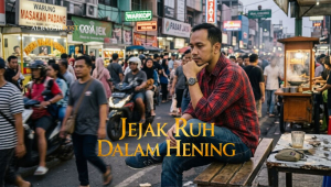 Ilustrasi refleksi makna zuhud dalam kehidupan modern dengan seseorang merenung di tengah hiruk pikuk dunia