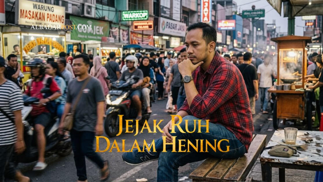 Ilustrasi refleksi makna zuhud dalam kehidupan modern dengan seseorang merenung di tengah hiruk pikuk dunia