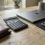 dompet dan kalkulator simbol manajemen uang pribadi