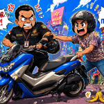 Ilustrasi debt collector mencoba menarik motor di jalan dan debitur menolak sesuai aturan hukum fidusia