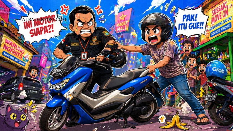 Ilustrasi debt collector mencoba menarik motor di jalan dan debitur menolak sesuai aturan hukum fidusia