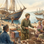 Ilustrasi pedagang Muslim berdagang di pelabuhan Nusantara sambil berdakwah secara damai kepada masyarakat lokal