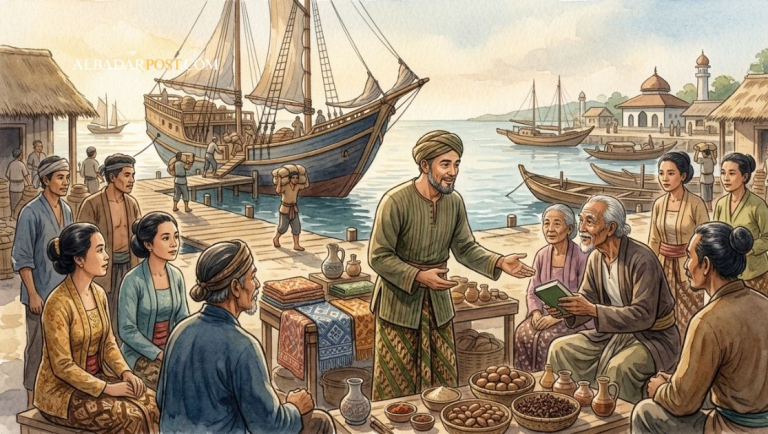 Ilustrasi pedagang Muslim berdagang di pelabuhan Nusantara sambil berdakwah secara damai kepada masyarakat lokal