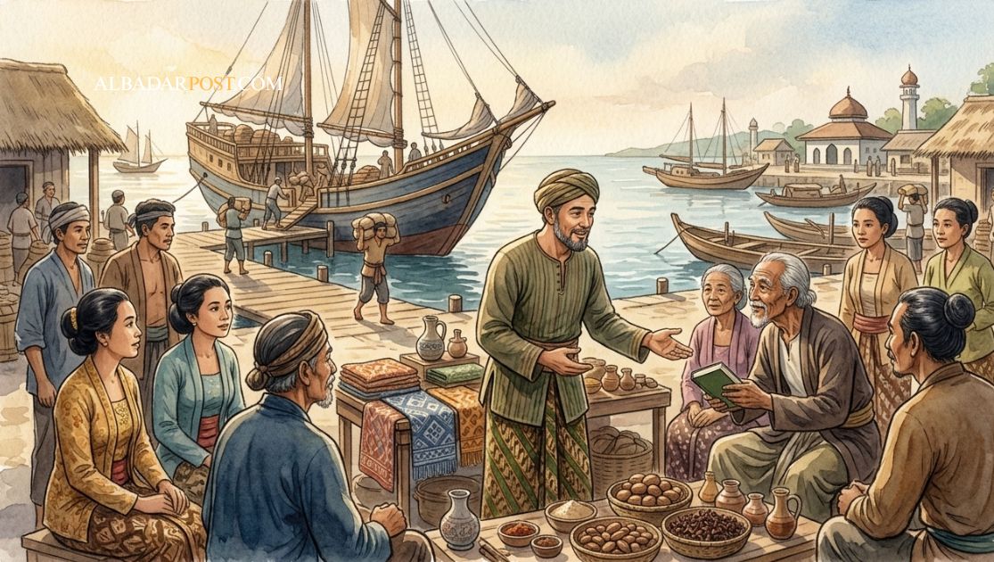 Ilustrasi pedagang Muslim berdagang di pelabuhan Nusantara sambil berdakwah secara damai kepada masyarakat lokal