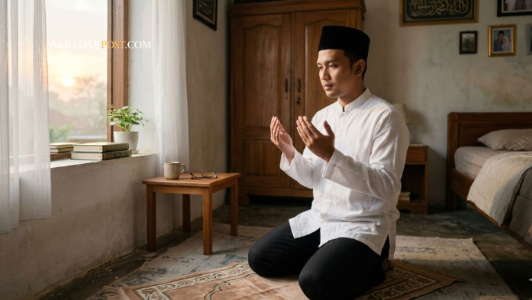 Ilustrasi seseorang berdoa di pagi hari dengan cahaya lembut sebagai simbol tanda rezeki menurut ulama sedang terbuka