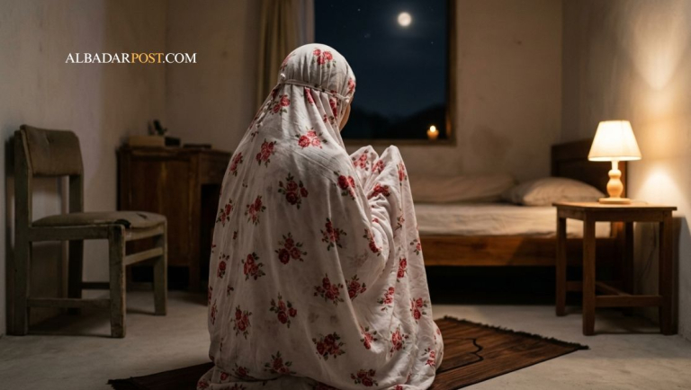 Ilustrasi seseorang berdoa dalam kesendirian saat malam hari dengan nuansa tenang dan penuh harapan