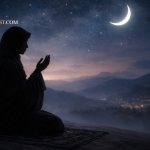 ilustrasi Rabi'ah al-Adawiyah bermunajat dalam kesunyian malam dengan nuansa spiritual dan cahaya lembut