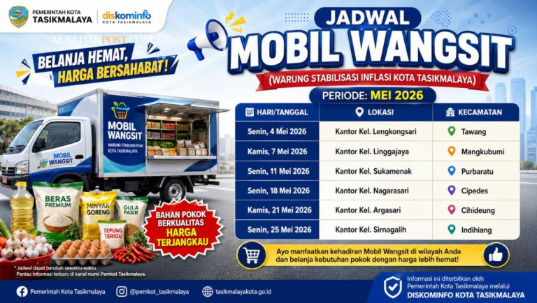 Mobil Wangsit Tasikmalaya melayani warga membeli sembako murah di halaman kantor kelurahan dengan antrean tertib.