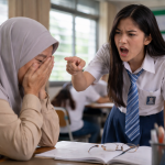 Ilustrasi siswa melawan guru di kelas sebagai simbol bullying siswa ke guru Purwakarta dan krisis etika pendidikan