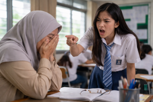 Ilustrasi siswa melawan guru di kelas sebagai simbol bullying siswa ke guru Purwakarta dan krisis etika pendidikan