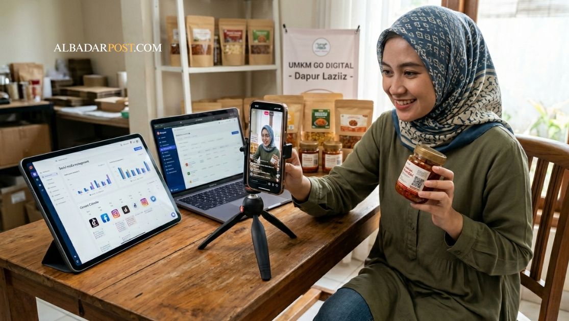 Pelaku UMKM memanfaatkan teknologi digital dan media sosial untuk mengembangkan usaha di era modern.