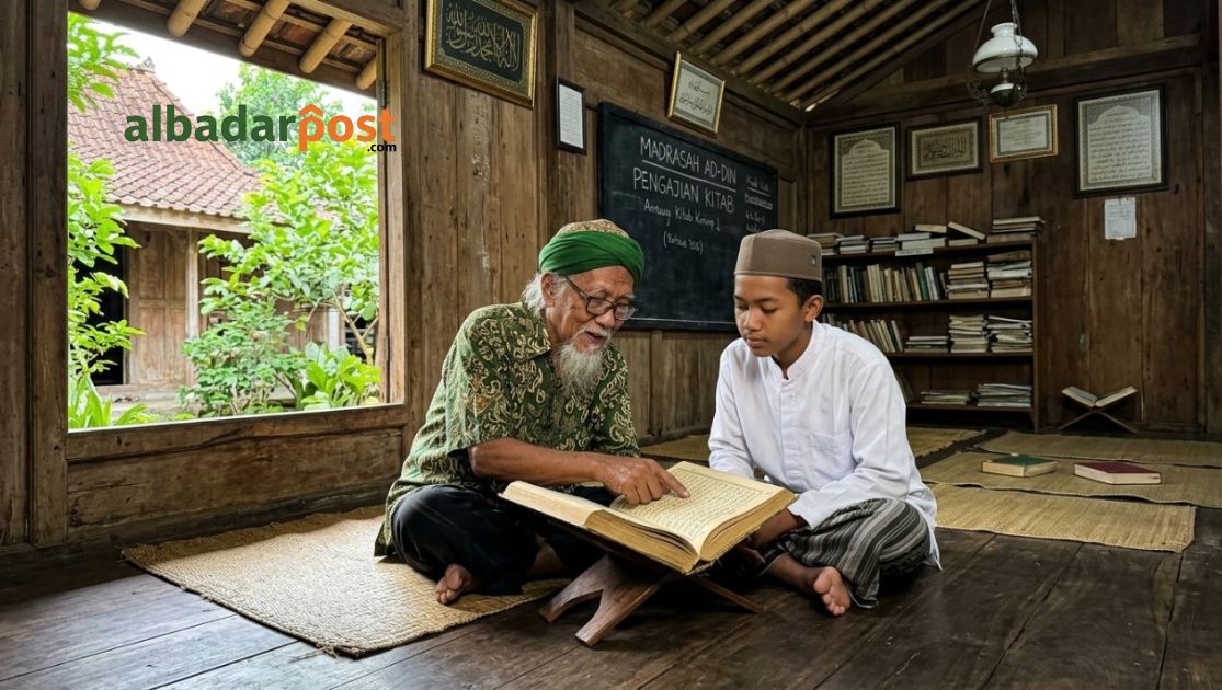 Ilustrasi pendidikan Islam klasik dengan guru dan murid belajar mendalam, kontras dengan sistem modern yang serba cepat