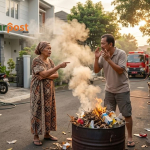 Ilustrasi konflik tetangga seperti suara bising malam, parkir liar, dan pembakaran sampah sesuai hukum 2026