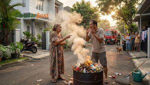 Ilustrasi konflik tetangga seperti suara bising malam, parkir liar, dan pembakaran sampah sesuai hukum 2026