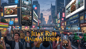 Ilustrasi kehidupan modern dengan media sosial, keramaian kota, dan refleksi tanda akhir zaman dalam perspektif Islam.