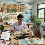 ilustrasi pelajar Generasi Z mempelajari Sejarah Kebudayaan Islam dan peradaban Islam klasik.