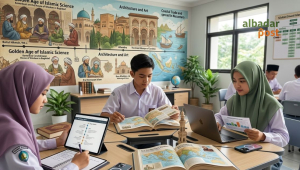 ilustrasi pelajar Generasi Z mempelajari Sejarah Kebudayaan Islam dan peradaban Islam klasik.