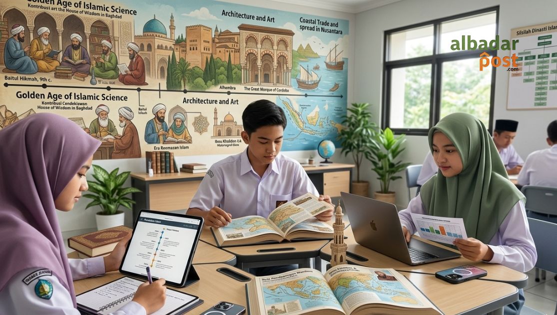 ilustrasi pelajar Generasi Z mempelajari Sejarah Kebudayaan Islam dan peradaban Islam klasik.