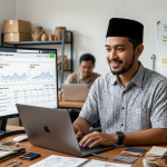 Ilustrasi pelaku UMKM mengembangkan bisnis kecil dengan strategi digital marketing dan inovasi produk.