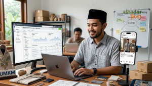Ilustrasi pelaku UMKM mengembangkan bisnis kecil dengan strategi digital marketing dan inovasi produk.