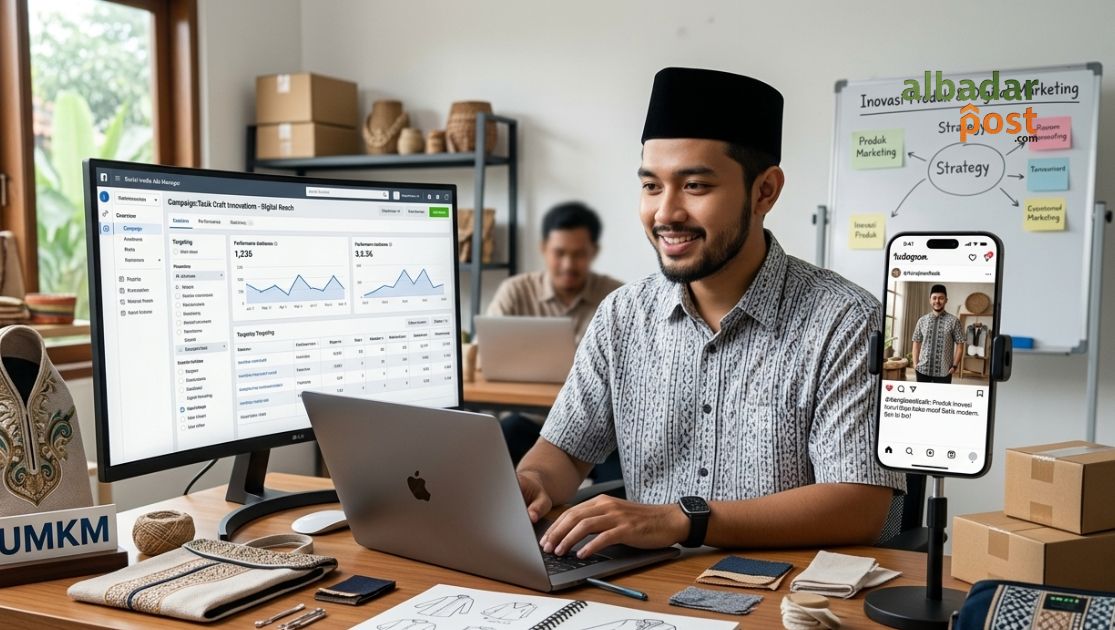 Ilustrasi pelaku UMKM mengembangkan bisnis kecil dengan strategi digital marketing dan inovasi produk.