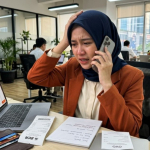 Ilustrasi korban penipuan online sedang menghubungi bank setelah melakukan transfer kepada pelaku scam belanja daring.