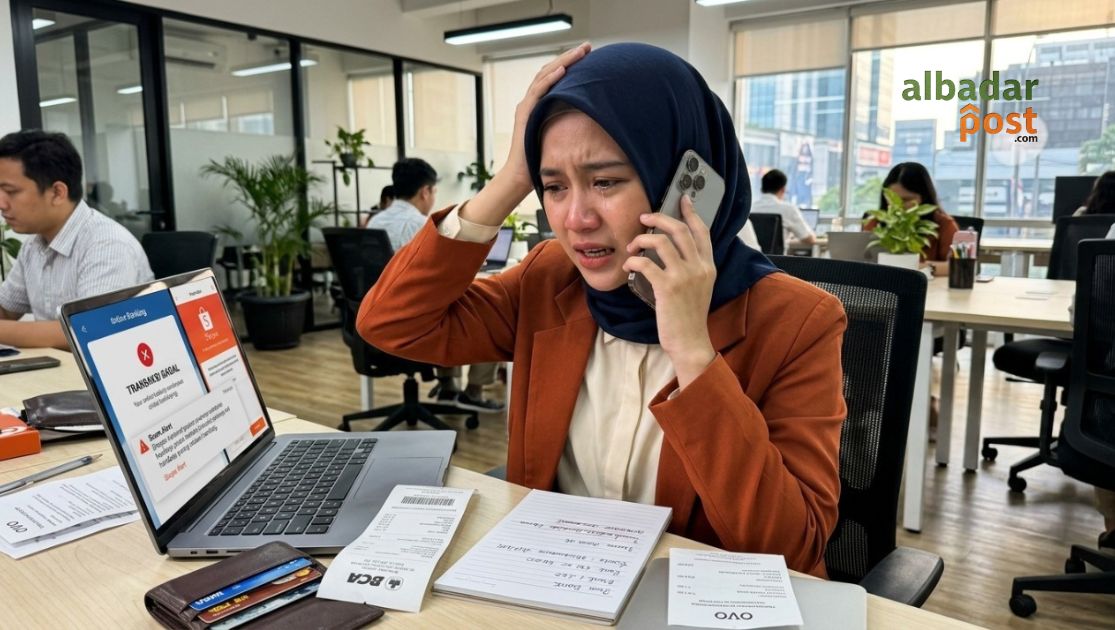 Ilustrasi korban penipuan online sedang menghubungi bank setelah melakukan transfer kepada pelaku scam belanja daring.