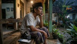 Ilustrasi kepala keluarga termenung di ruang tamu sederhana saat memikirkan utang dan tagihan rumah tangga.