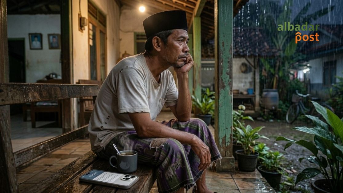 Ilustrasi kepala keluarga termenung di ruang tamu sederhana saat memikirkan utang dan tagihan rumah tangga.