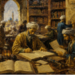 Ilustrasi perpustakaan ilmuwan Muslim abad pertengahan dengan astronomi, matematika, dan manuskrip sains klasik.