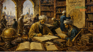 Ilustrasi perpustakaan ilmuwan Muslim abad pertengahan dengan astronomi, matematika, dan manuskrip sains klasik.