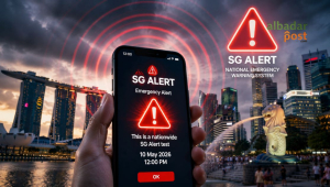 Ilustrasi sistem SG Alert Singapura dengan notifikasi darurat muncul di layar ponsel dan suara sirene nasional.