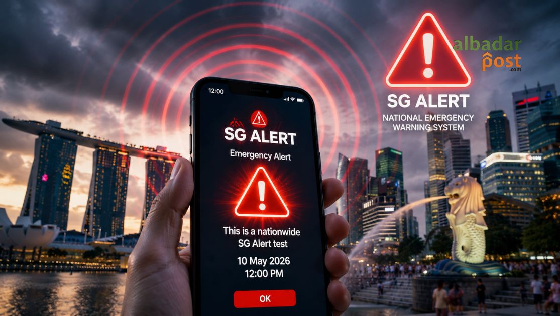 Ilustrasi sistem SG Alert Singapura dengan notifikasi darurat muncul di layar ponsel dan suara sirene nasional.