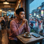 Seseorang duduk sendirian di tengah kesibukan kota sambil merenung tentang ketenangan hati menurut hadis Nabi.