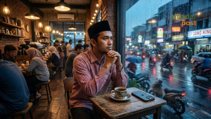 Seseorang duduk sendirian di tengah kesibukan kota sambil merenung tentang ketenangan hati menurut hadis Nabi.