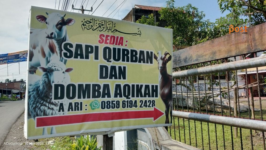 Banner penjualan sapi kurban dan domba aqiqah milik Ari di Sukahurip, Sukaratu, Tasikmalaya.