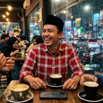 Ilustrasi seseorang tertawa berlebihan lalu merenung setelah membaca hadis Nabi tentang menjaga hati dan perilaku.