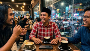 Ilustrasi seseorang tertawa berlebihan lalu merenung setelah membaca hadis Nabi tentang menjaga hati dan perilaku.