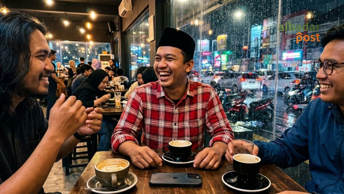 Ilustrasi seseorang tertawa berlebihan lalu merenung setelah membaca hadis Nabi tentang menjaga hati dan perilaku.