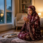 Ilustrasi seorang muslim berdoa setelah salat subuh memohon rezeki halal dan keberkahan hidup.