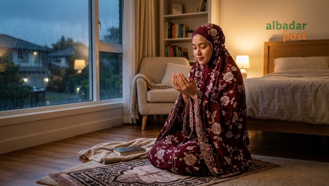 Ilustrasi seorang muslim berdoa setelah salat subuh memohon rezeki halal dan keberkahan hidup.