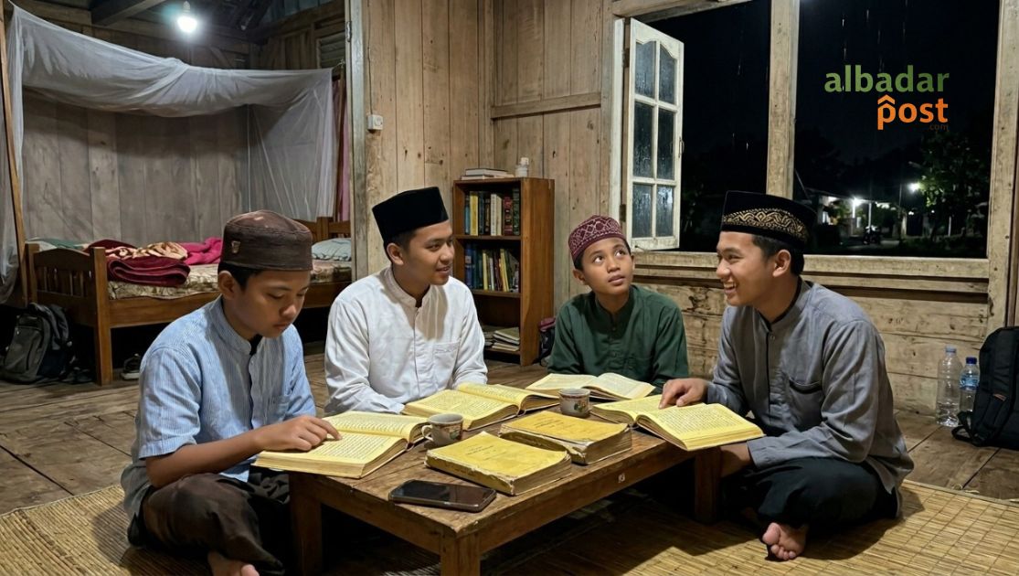 Ilustrasi suasana santri di pesantren salafi Indonesia sedang mengaji kitab kuning pada malam hari.