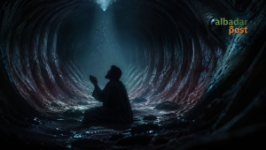 Ilustrasi sesorang berdoa dalam kegelapan perut ikan dengan suasana religius dan dramatis.