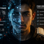 Ilustrasi wajah manusia yang dimanipulasi teknologi AI dengan nuansa digital futuristik dan dramatis.