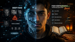 Ilustrasi wajah manusia yang dimanipulasi teknologi AI dengan nuansa digital futuristik dan dramatis.
