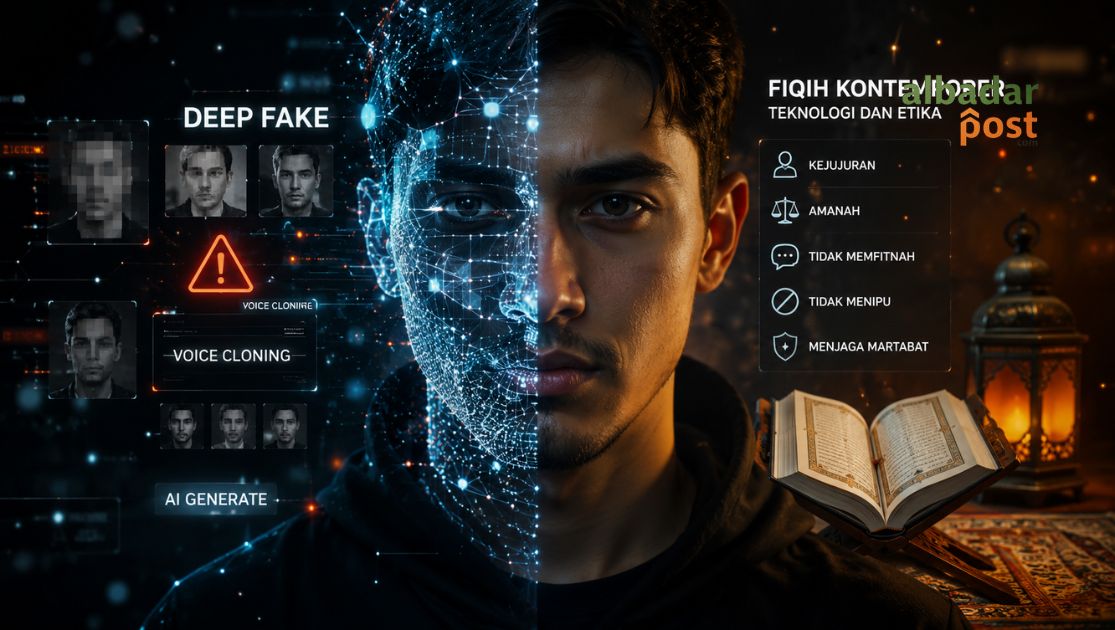 Ilustrasi wajah manusia yang dimanipulasi teknologi AI dengan nuansa digital futuristik dan dramatis.