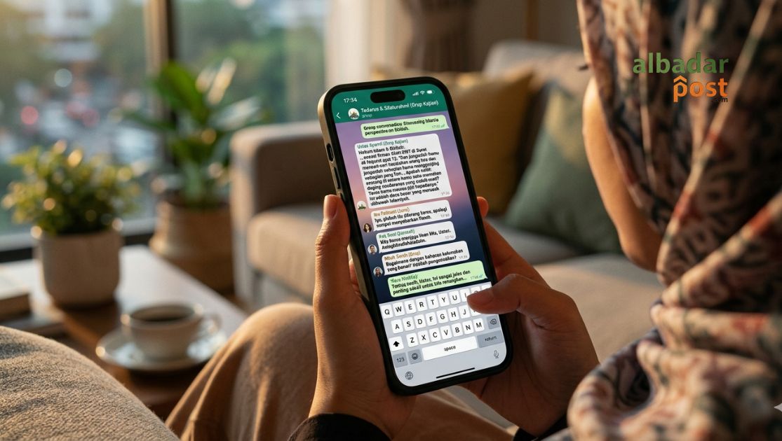 Ilustrasi percakapan grup WhatsApp yang membahas keburukan orang lain menurut hukum Islam tentang ghibah.